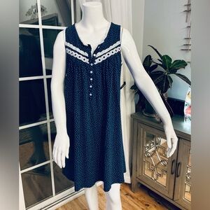 Eileen West Cotton Navy Sleeveless Nightgown Polka Dot  Heirloom Lace Woman SM
